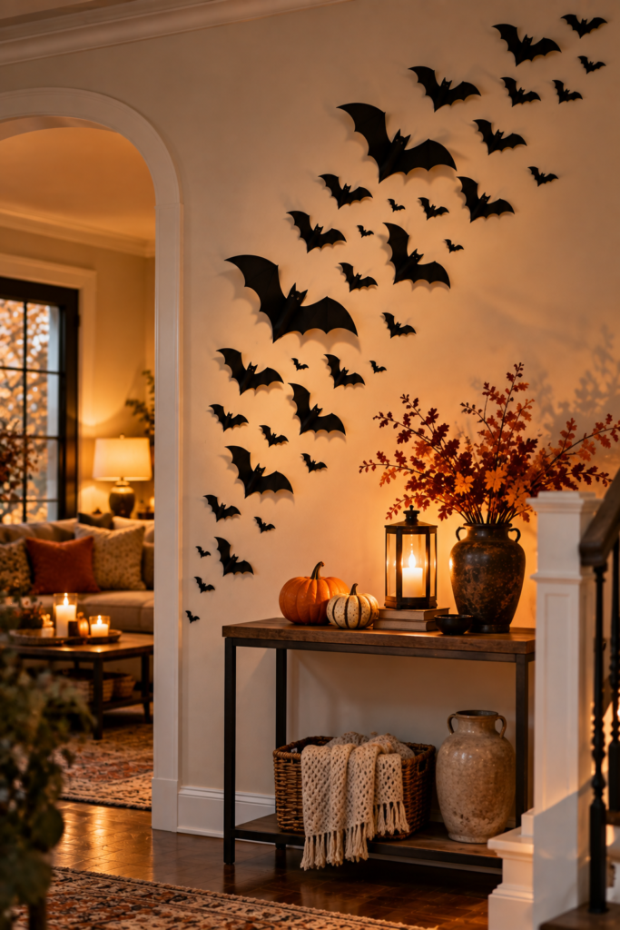 Black bat cutouts arranged in a flying formation on a beige wall above a console table holding a lantern, pumpkins, and a vase of autumn leaves.