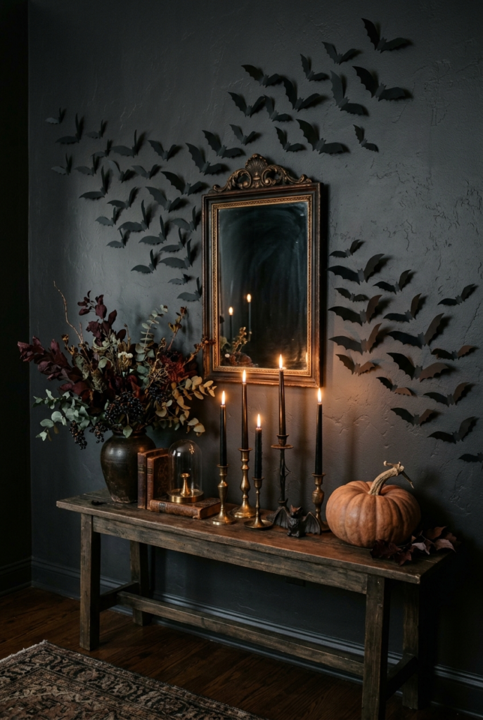 A dark gray wall decorated with a flock of black paper bats above a wooden console table holding a pumpkin, candles, and dried floral arrangements.