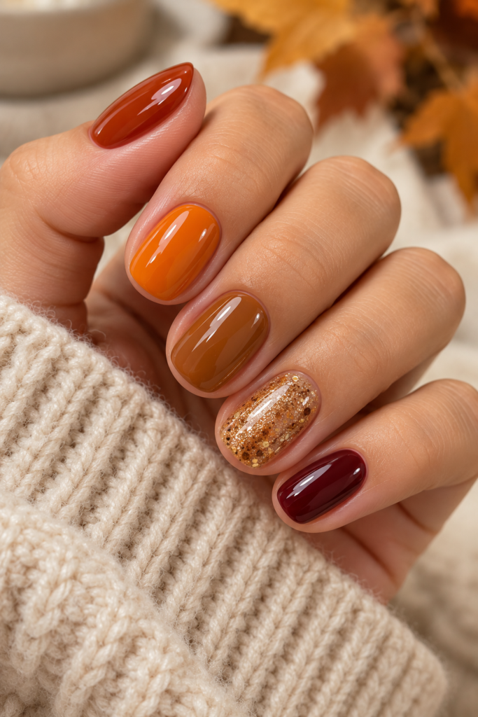 Warm orange, burgundy, caramel, beige, and glitter fall skittle nails.