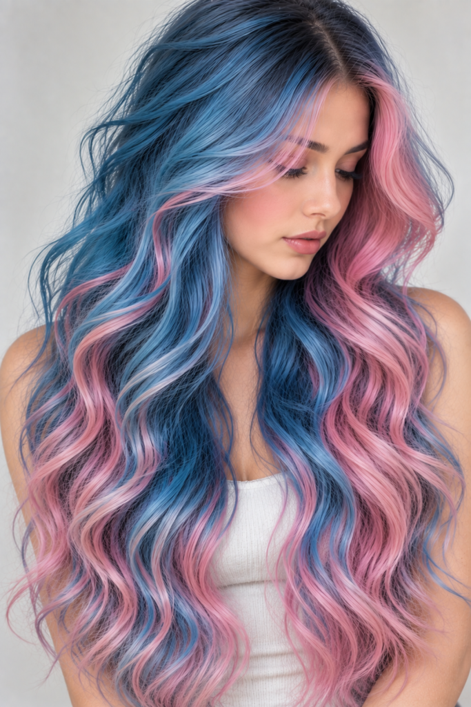 A person with long, wavy hair dyed in alternating streaks of blue and pink, shown from multiple angles against a plain background.