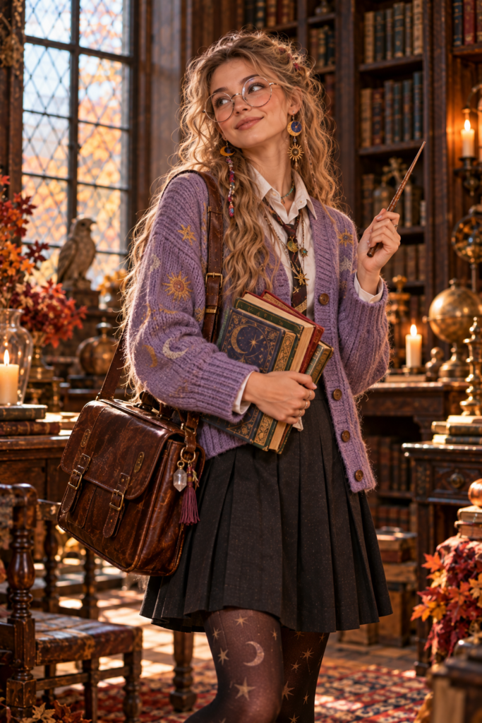 Whimsical magical-school costume with colorful jewelry and oversized glasses