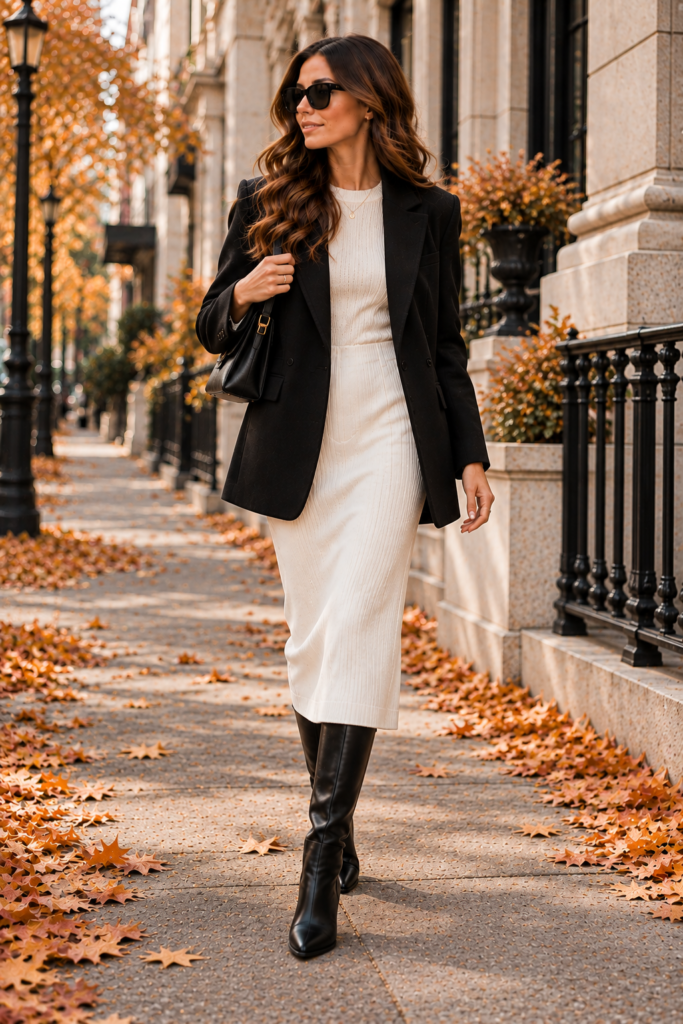 White knit dress, oversized black blazer, and knee-high boots