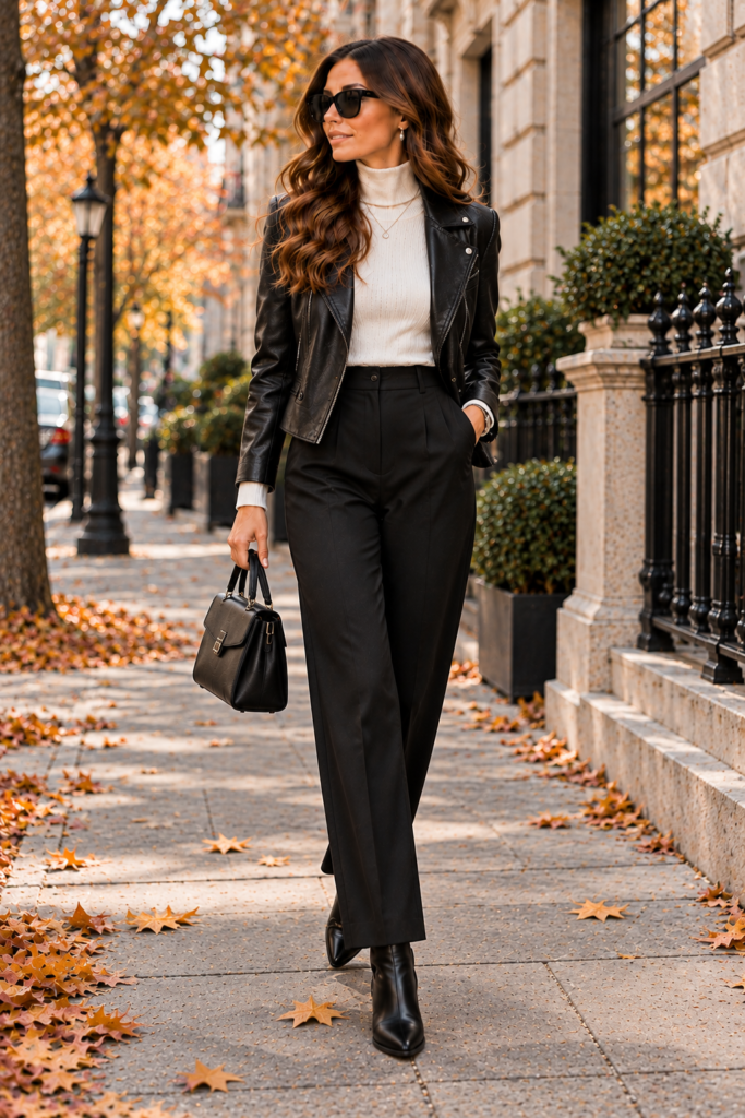  White turtleneck with black trousers, leather jacket, and ankle boots.