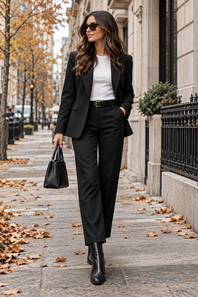 Woman wearing a black jacket, white top, trousers, and ankle boots in fall.