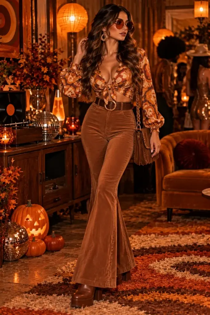 A woman wearing a patterned blouse, brown corduroy flared pants, and platform boots stands in a room decorated with pumpkins and warm lighting.