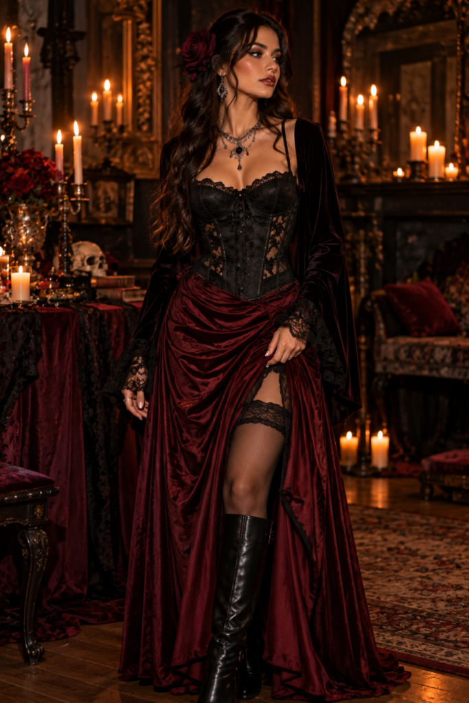 Romantic goth Halloween costume with black lace, burgundy fabric, and vintage jewelry.