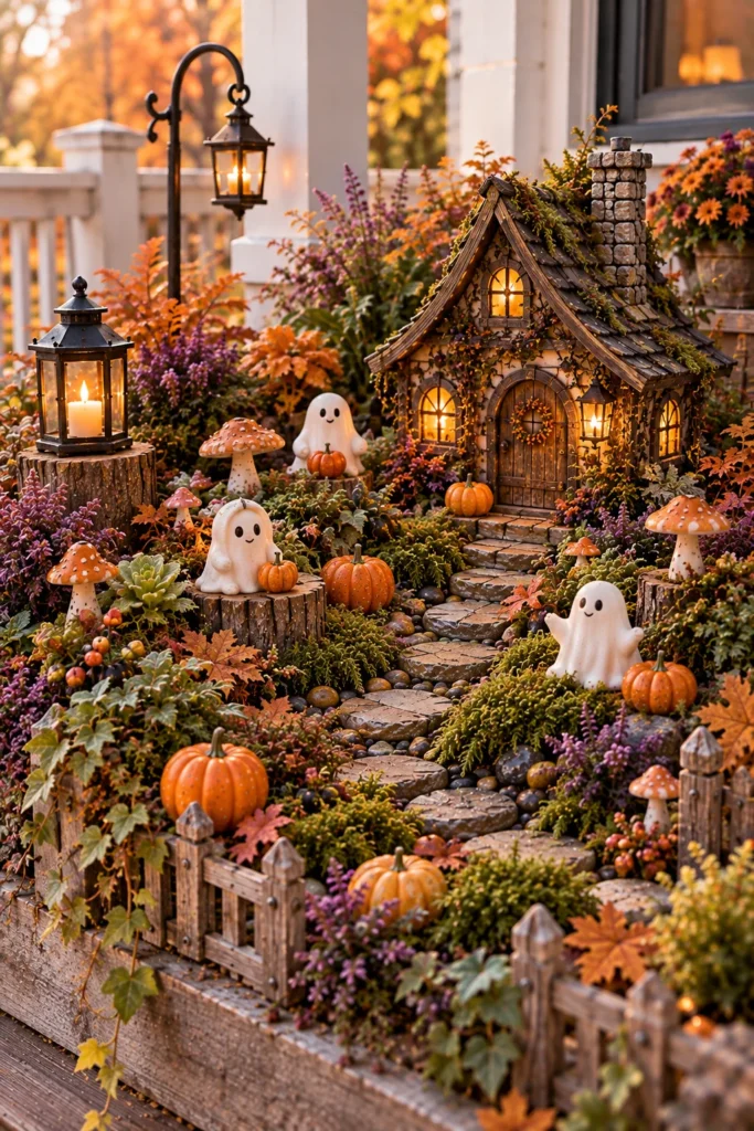 Spooky-cute fairy garden with friendly ghosts, pumpkins, mushrooms, and a tiny cottage.