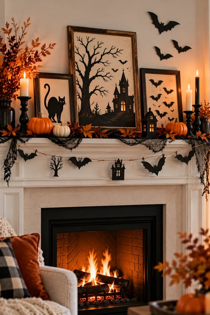 DIY Halloween mantel featuring framed paper silhouettes of bats, a cat, and a crooked tree.