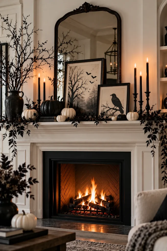 modern black-and-white Halloween fireplace mantel