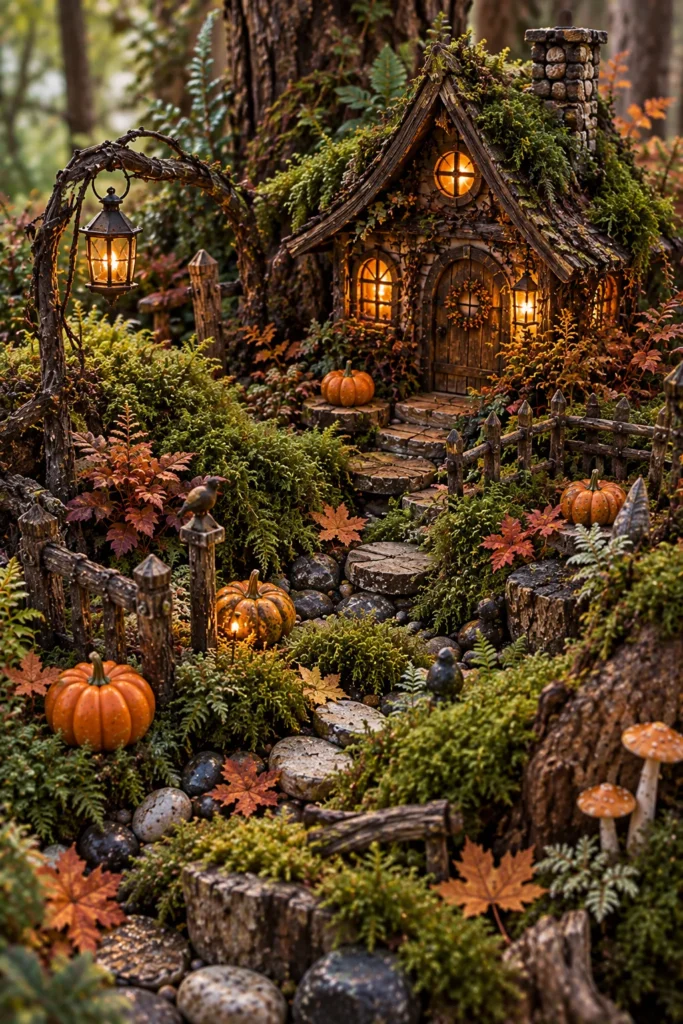 Moss-covered Halloween fairy garden styled as a tiny woodland clearing with pumpkins.