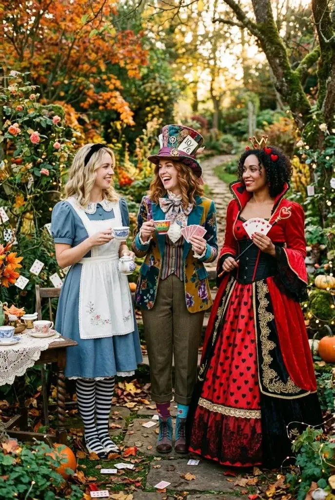 Three women dressed as Alice, the Mad Hatter, and the Queen of Hearts holding teacups and playing cards in a garden with autumn leaves.