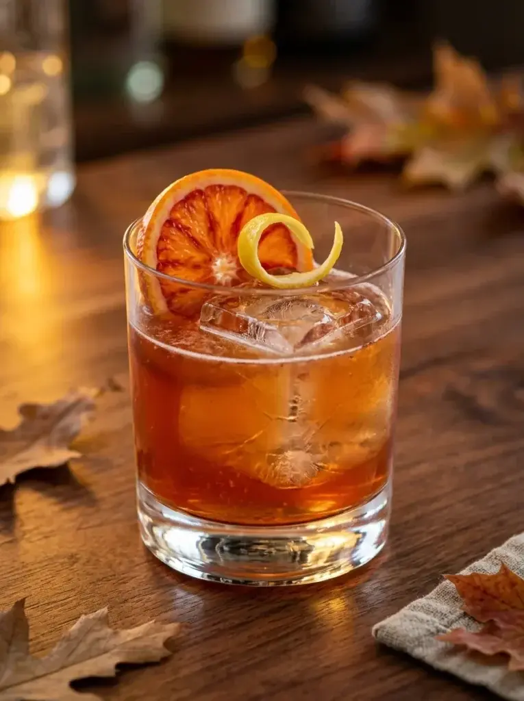 A short glass filled with an amber-colored cocktail and ice, garnished with a dried orange slice and a lemon twist, sitting on a wooden table with autumn leaves.