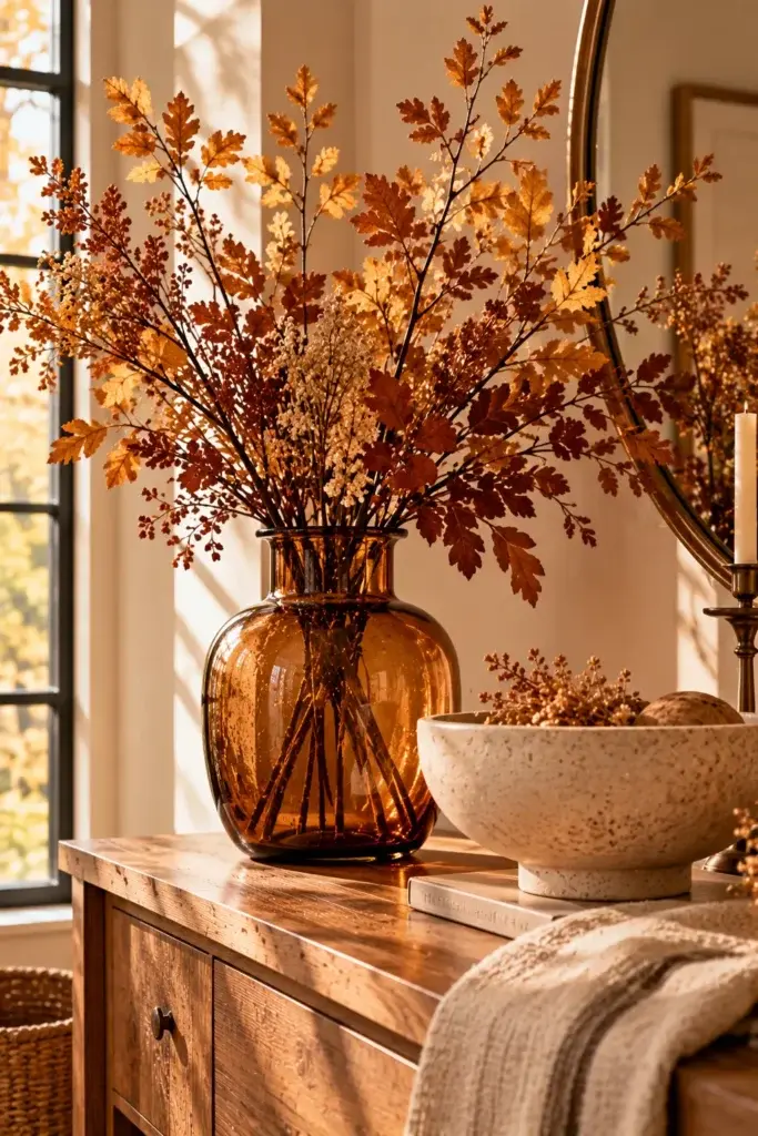 A round amber glass vase filled with dried autumn branches and leaves sits on a wooden sideboard next to a stone bowl and a lit candle.