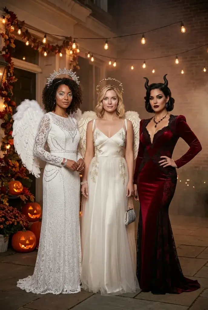 Three women in matching Halloween costumes featuring two angels in white lace gowns with wings and one devil in a red velvet dress with black horns, standing outdoors near carved pumpkins and string lights.