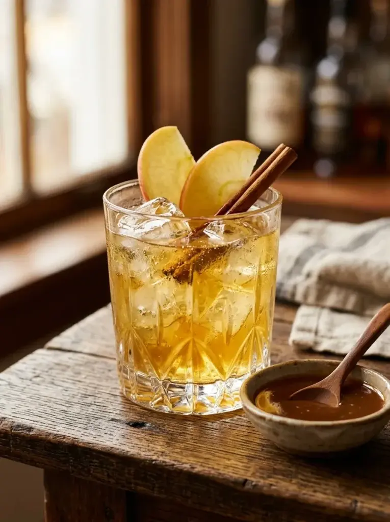 A glass of amber-colored cocktail with ice, garnished with apple slices and cinnamon sticks, sitting on a wooden table next to a small bowl of sauce.