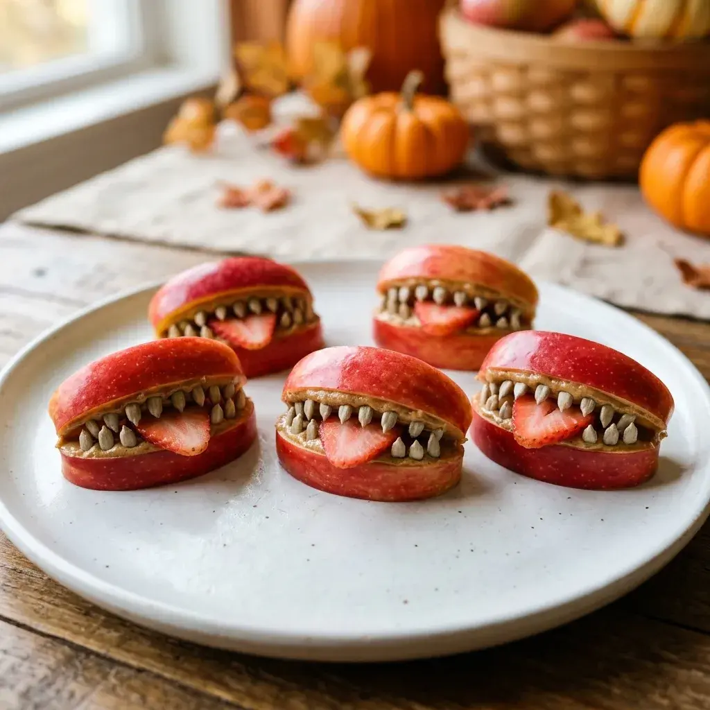 A white plate holds several apple slices filled with peanut butter, sunflower seeds, and strawberry pieces to look like monster mouths, set on a wooden table near pumpkins.