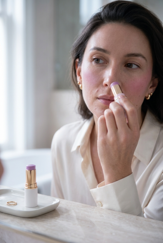 A woman in a white shirt applies a pink blush stick to her cheek while a matching product sits on a white tray nearby.