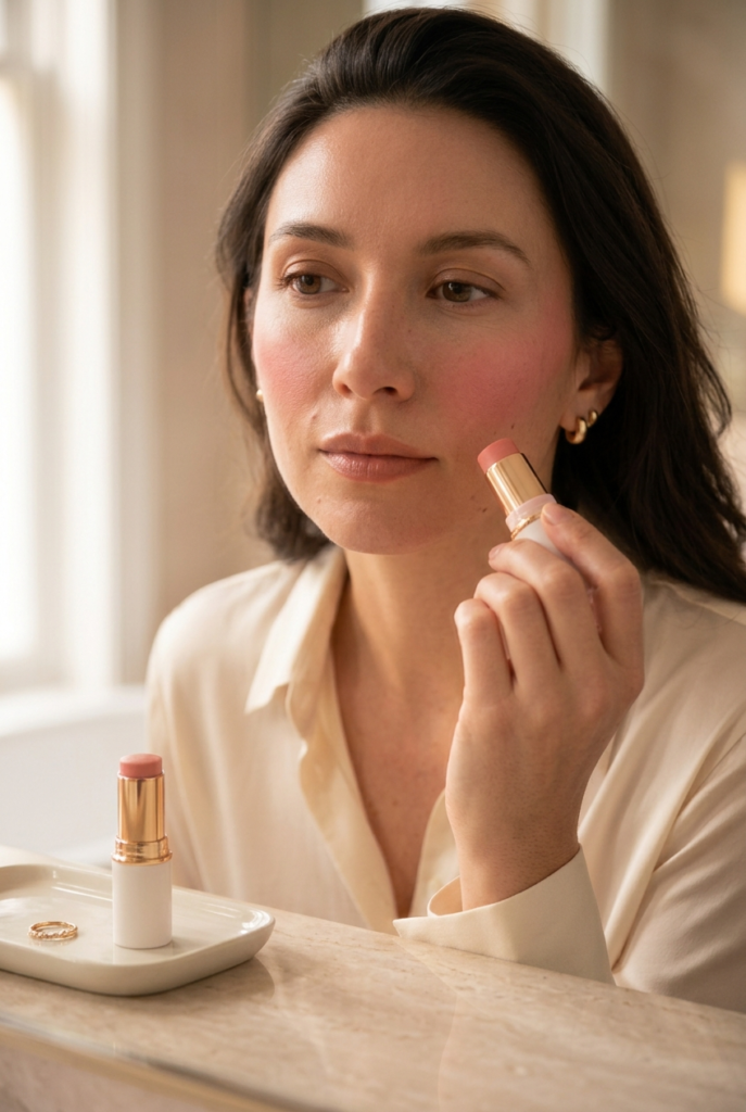 A woman with dark hair applies a pink blush stick to her cheek while wearing a cream shirt, with the product resting on a white tray nearby.