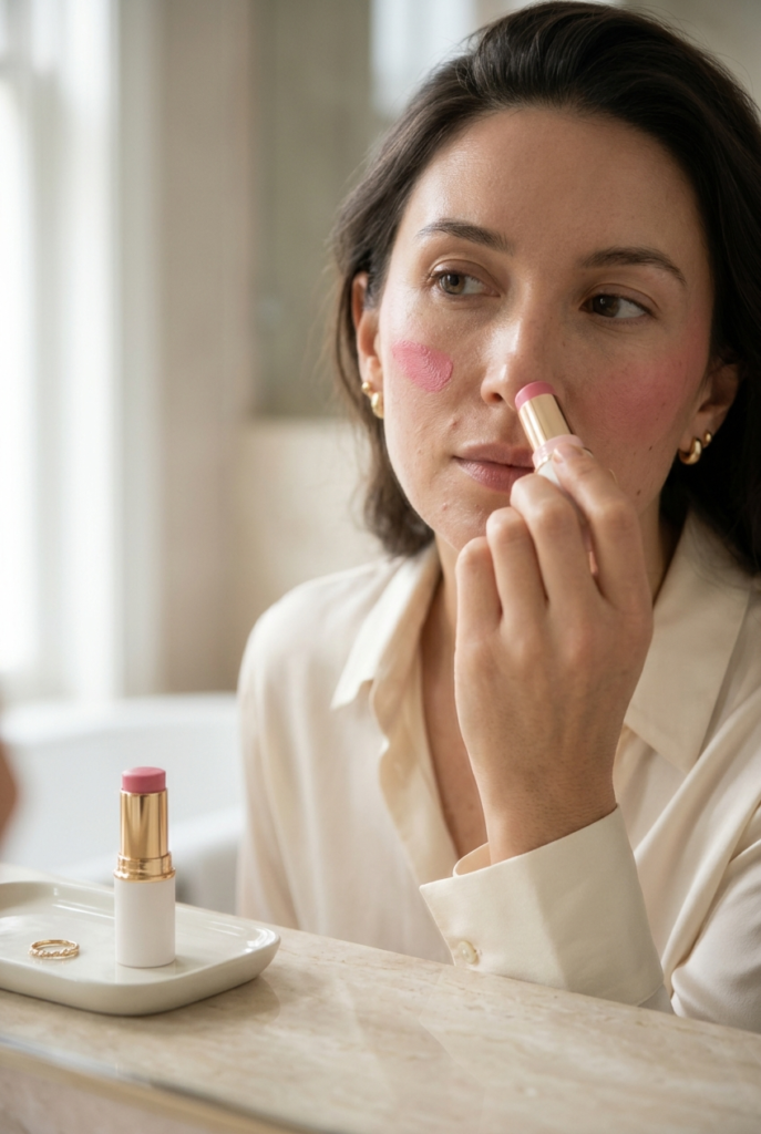 A woman applies a pink blush stick to her cheek while a matching product sits on a white tray nearby.