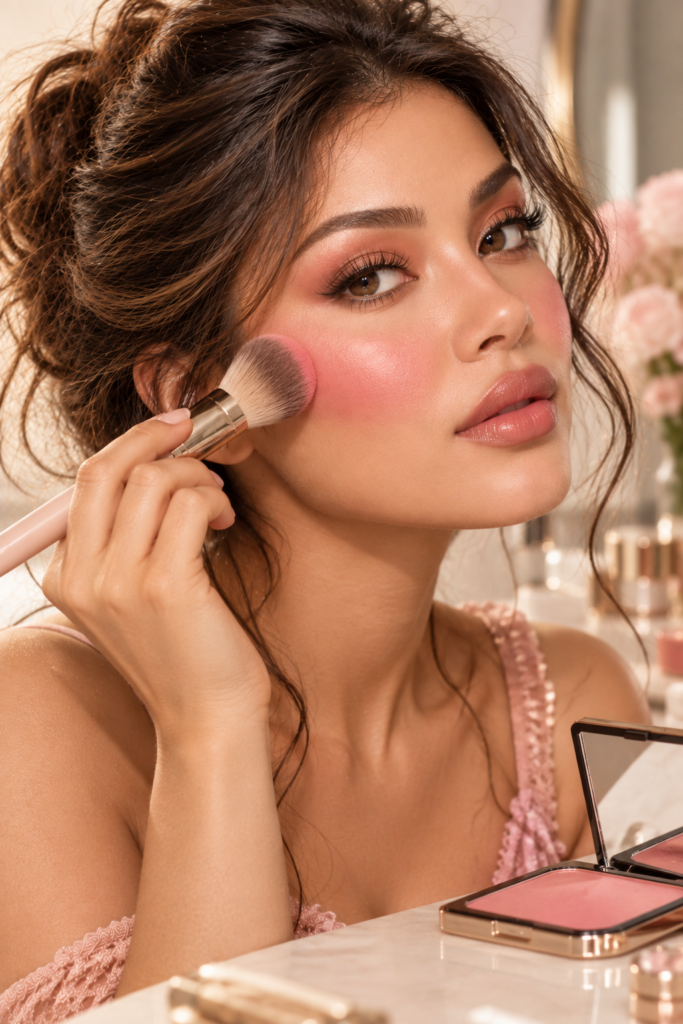 A woman applies pink blush to her cheek using a makeup brush, with an open blush compact and pink flowers visible in the background.