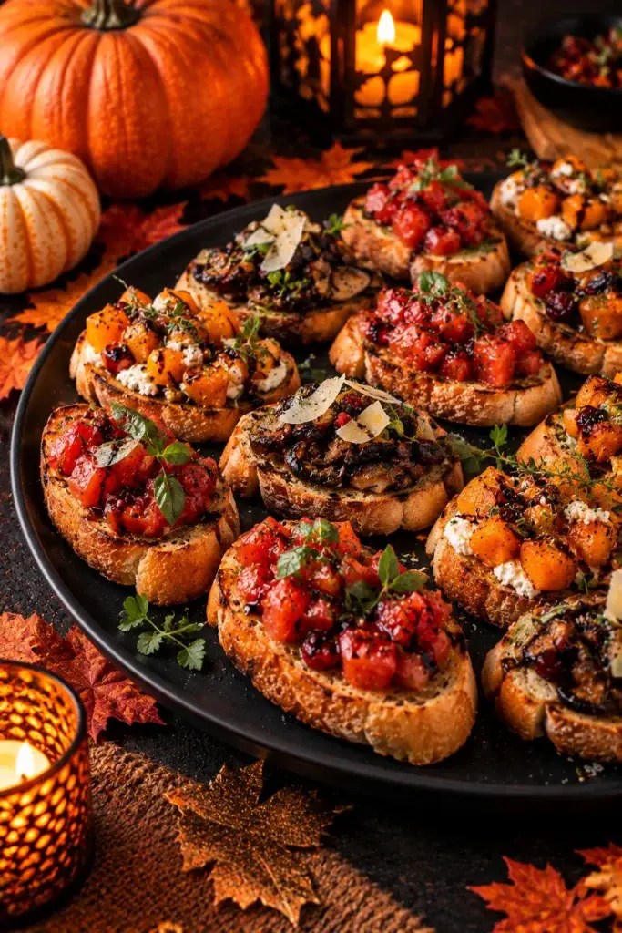 A black platter of bruschetta topped with roasted tomatoes, squash, and herbs, set on a table with pumpkins, fall leaves, and a lit candle.