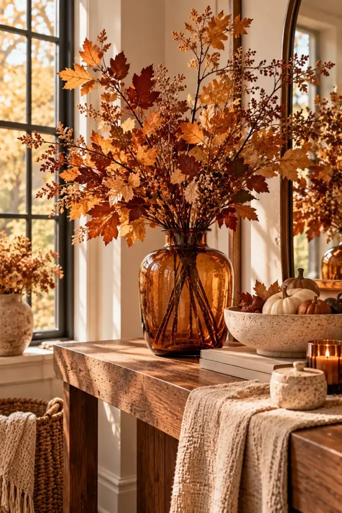 A rustic wooden console table styled with an amber glass vase holding orange maple branches, a bowl of small pumpkins, and a chunky knit throw draped over the edge.