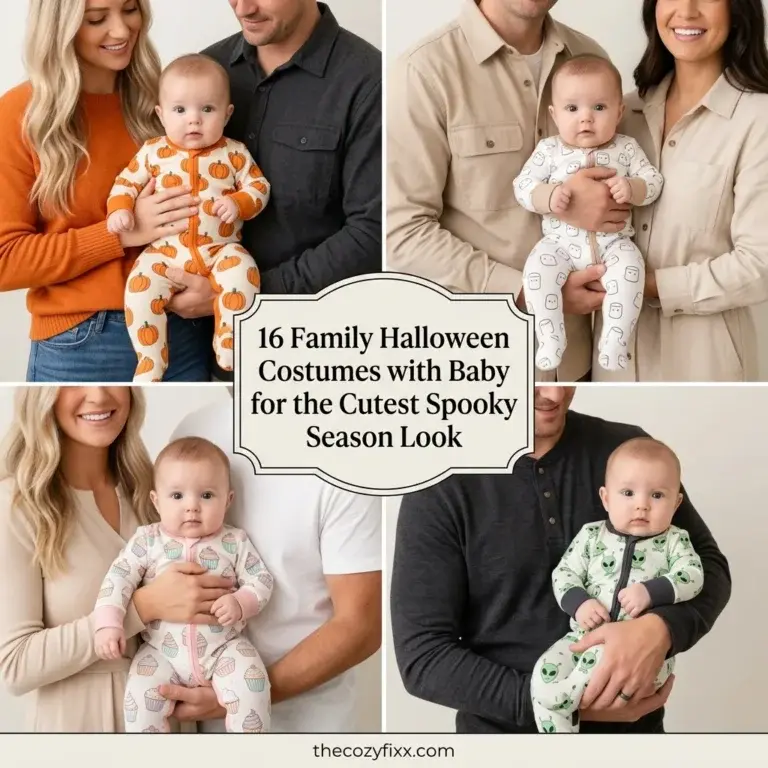 A collage of four photos showing parents holding babies wearing matching Halloween-themed onesies with pumpkin, ghost, cupcake, and alien prints.