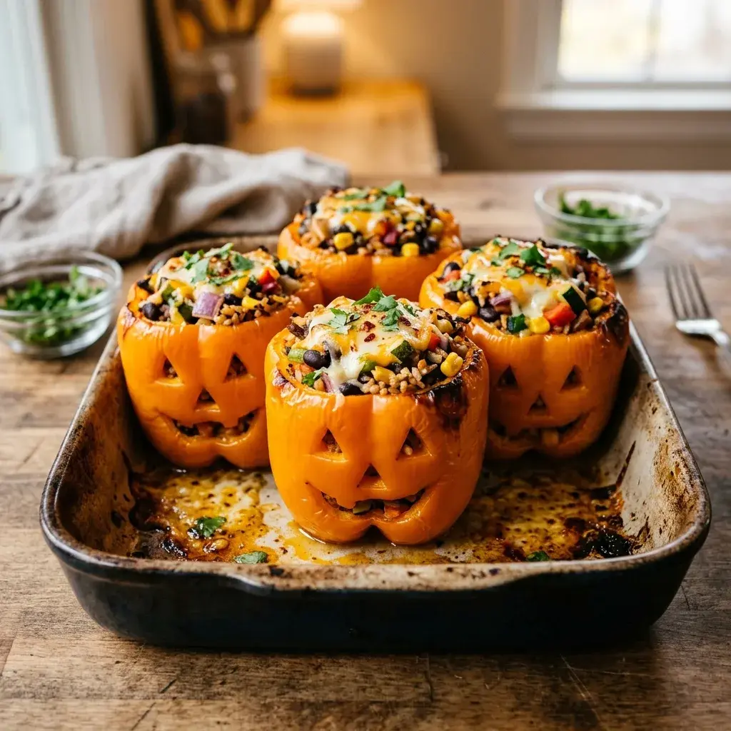 Four orange bell peppers carved into jack-o-lantern faces, filled with rice, corn, and black beans, topped with melted cheese and herbs, sitting in a dark baking dish on a wooden table.