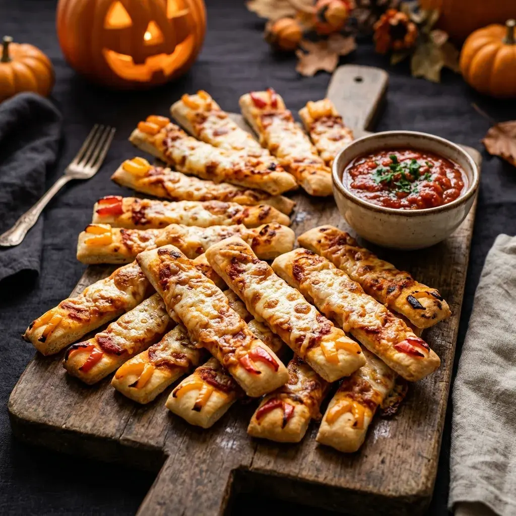 A wooden serving board holds a pile of baked pizza sticks topped with melted cheese and red peppers, served with a small bowl of marinara sauce and garnished with herbs.