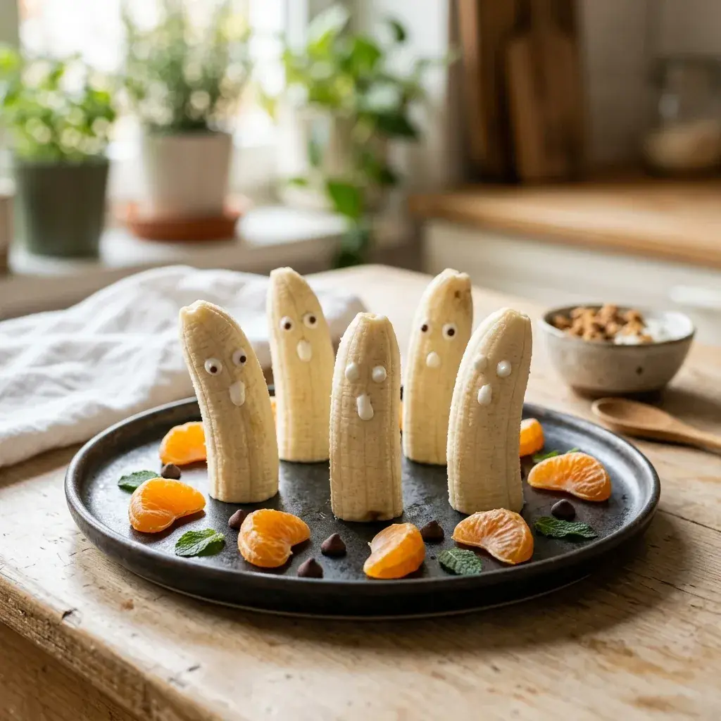 Peeled bananas decorated with candy eyes and white dots to look like ghosts, arranged on a dark plate with orange segments and mint leaves.