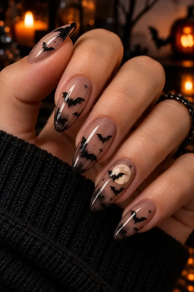 A hand with long, almond-shaped nails featuring a nude base, black bat silhouettes, and a full moon design, set against a warm, candlelit background.