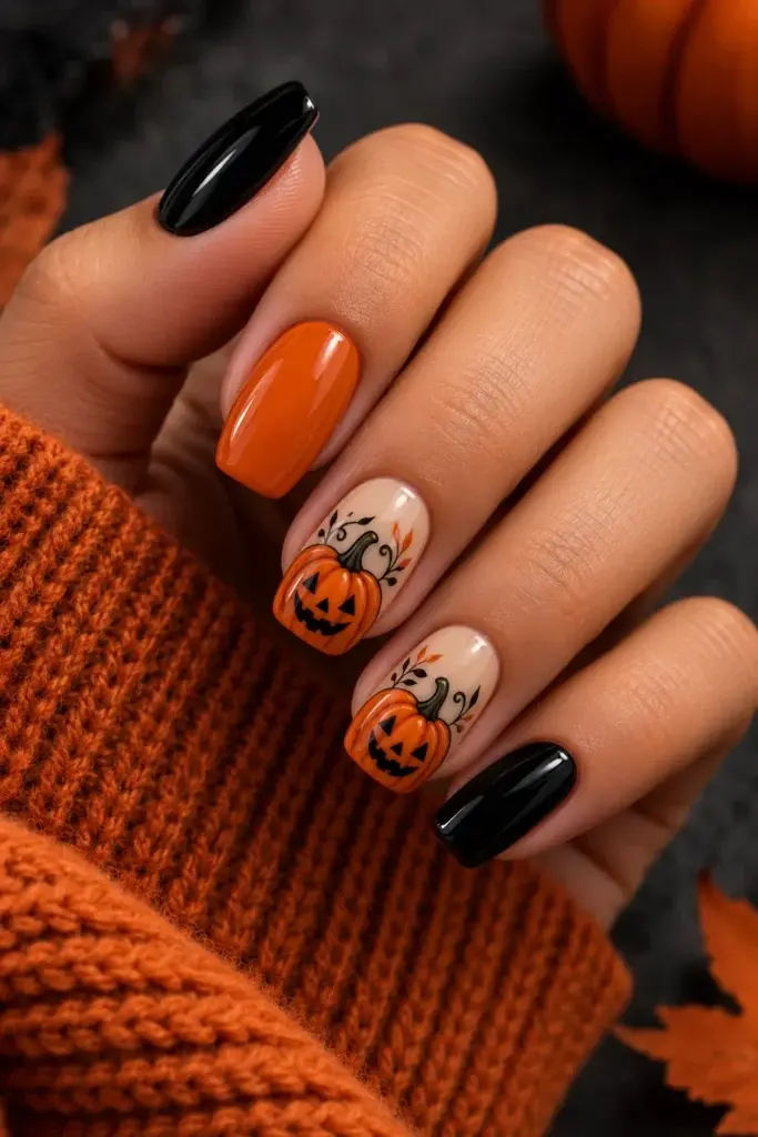 : Black and orange Halloween manicure with pumpkin faces on accent nails.