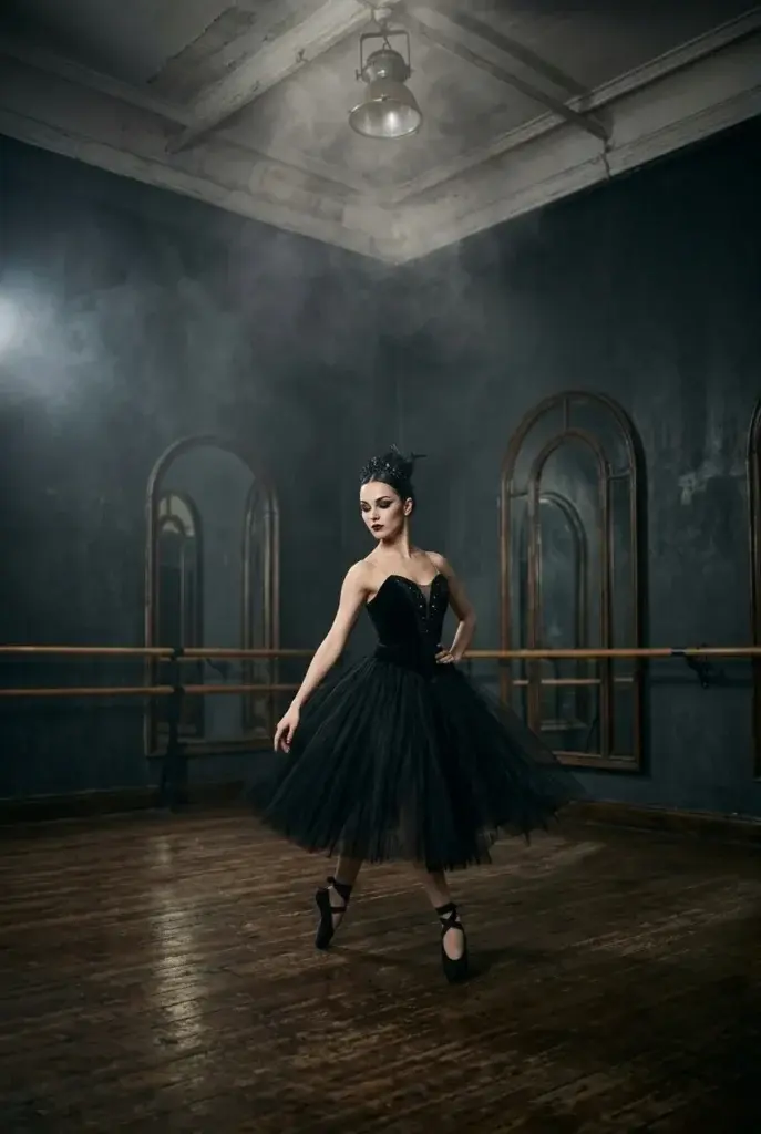 A woman in a black strapless tutu and pointe shoes stands in a dimly lit dance studio with wooden floors and arched mirrors.