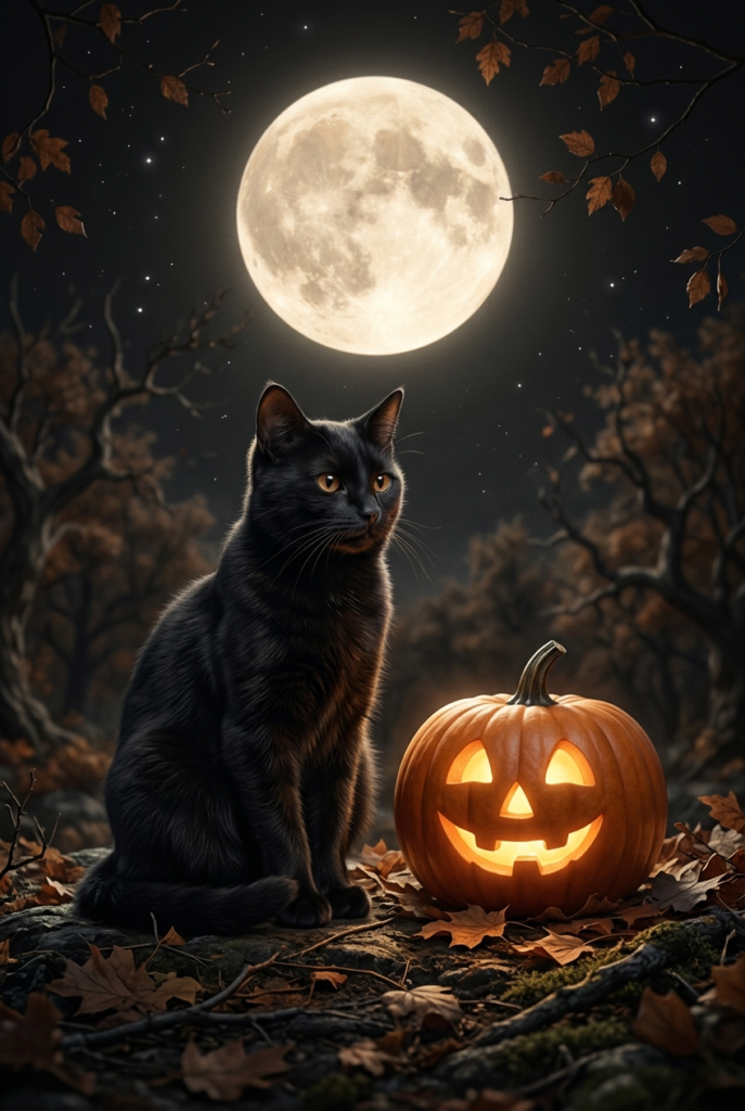 A black cat sits beside a glowing jack-o'-lantern under a full moon, surrounded by fallen leaves and bare trees.