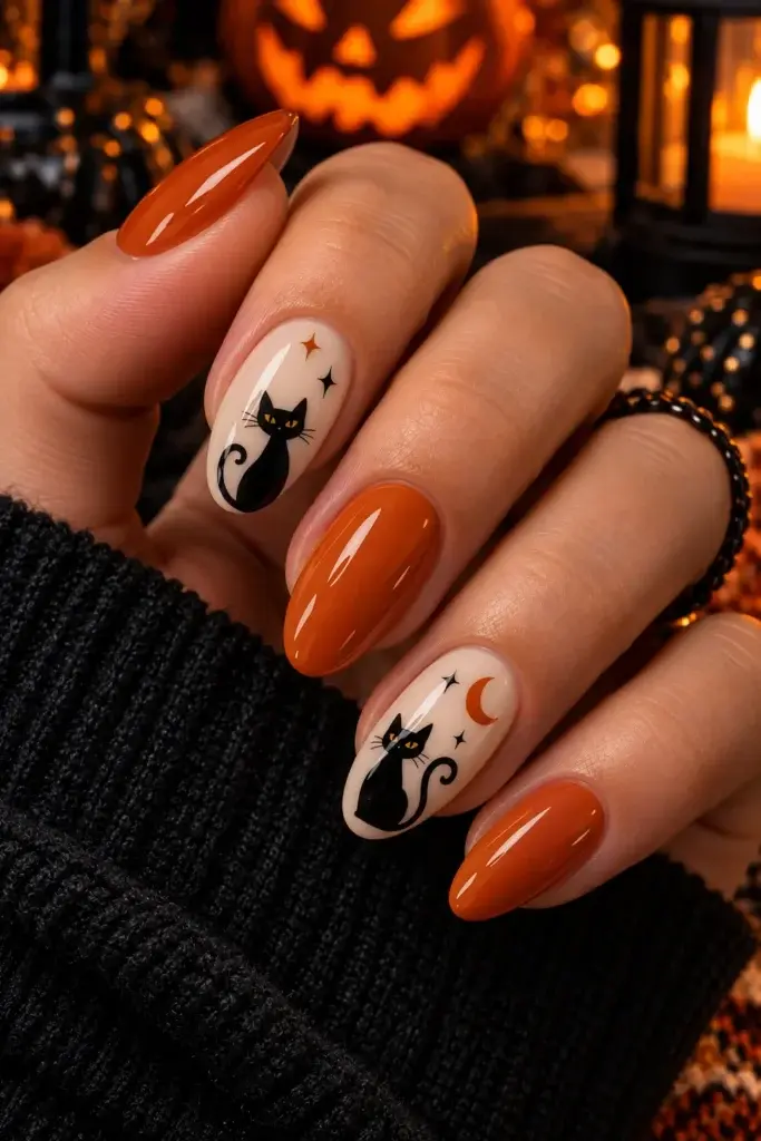 A hand with long almond-shaped nails featuring a mix of solid orange polish and white nails with black cat and moon designs, set against a dark background with a lit jack-o'-lantern.