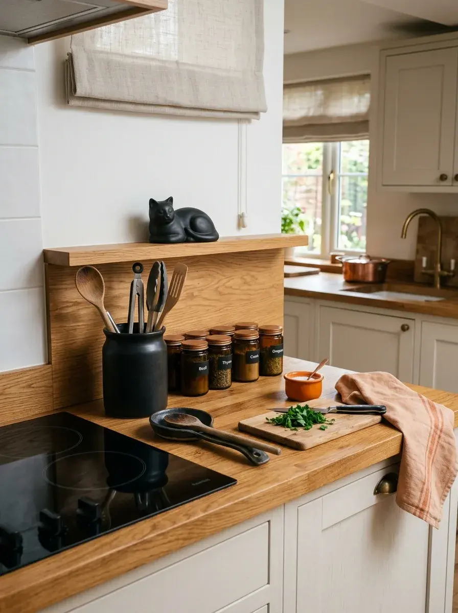 A small black cat figurine sits on a wooden shelf above a kitchen counter, adding a subtle Halloween touch to the white cabinetry and wood surfaces.