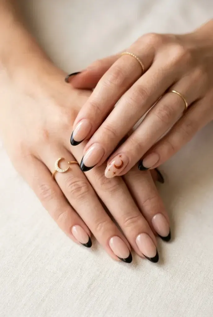 A close-up of hands with almond-shaped nails featuring a nude base, black French tips, and a small orange crescent moon and stars on the ring finger.