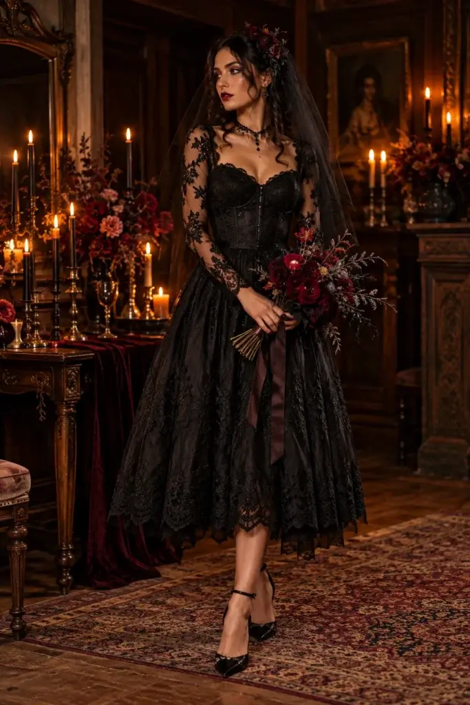 Woman dressed as a gothic bride in a black lace midi dress, sheer veil, and holding a dark red bouquet in a candlelit room.