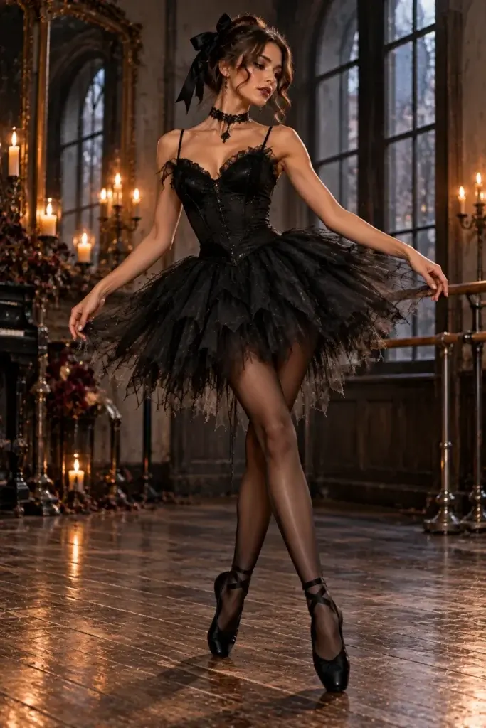 A woman in a black lace corset and tulle tutu stands in a candlelit room with a large mirror and wooden floor.