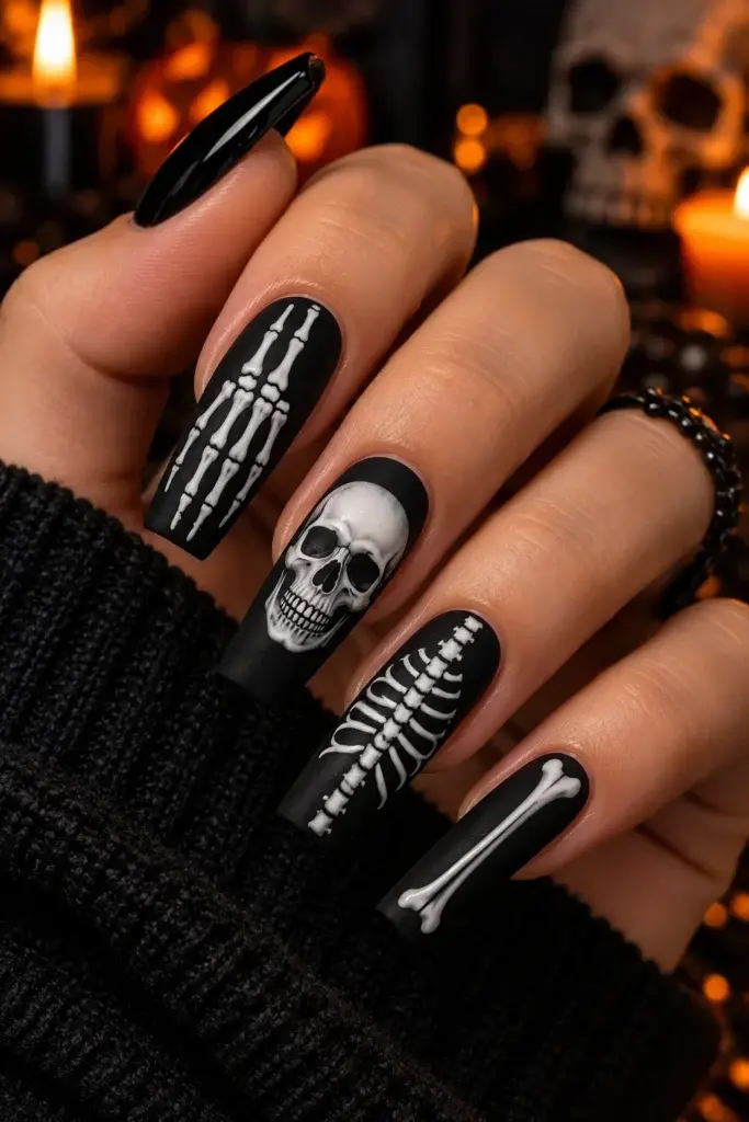 Long black almond-shaped nails featuring white skeleton hand, skull, and bone designs, set against a dark background with warm candlelight.