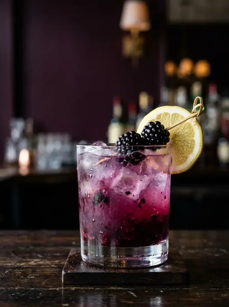 A glass of dark purple cocktail with ice, garnished with fresh blackberries and a lemon slice on a wooden coaster.