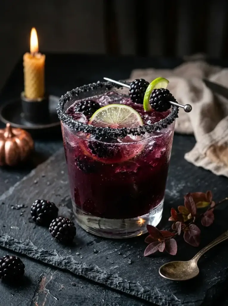 A dark purple cocktail in a glass with a black sugar rim, garnished with fresh blackberries and lime slices, set on a slate surface with a lit candle.