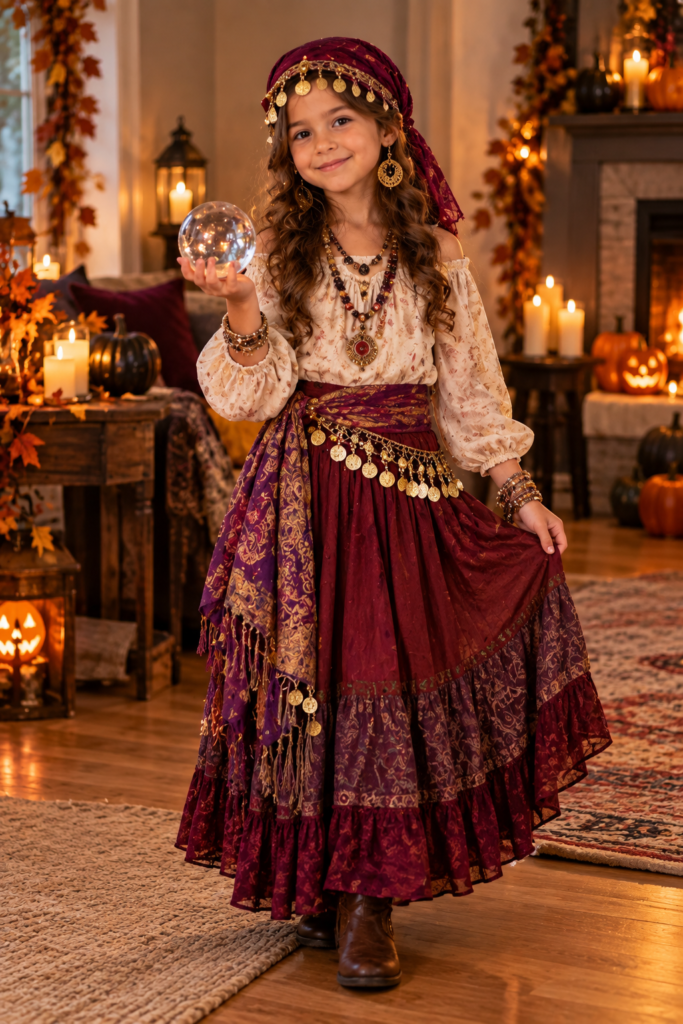 A young girl in a purple and maroon bohemian costume holding a crystal ball in a room decorated with candles and pumpkins.