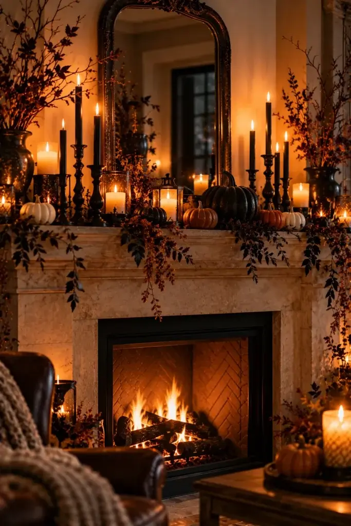 A stone fireplace mantel decorated with black and white pumpkins, tall black candles, and trailing dark foliage, illuminated by a warm fire.