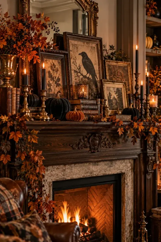 A dark wooden fireplace mantel decorated with black and orange pumpkins, tall black candles, framed botanical art, and trailing autumn leaves.
