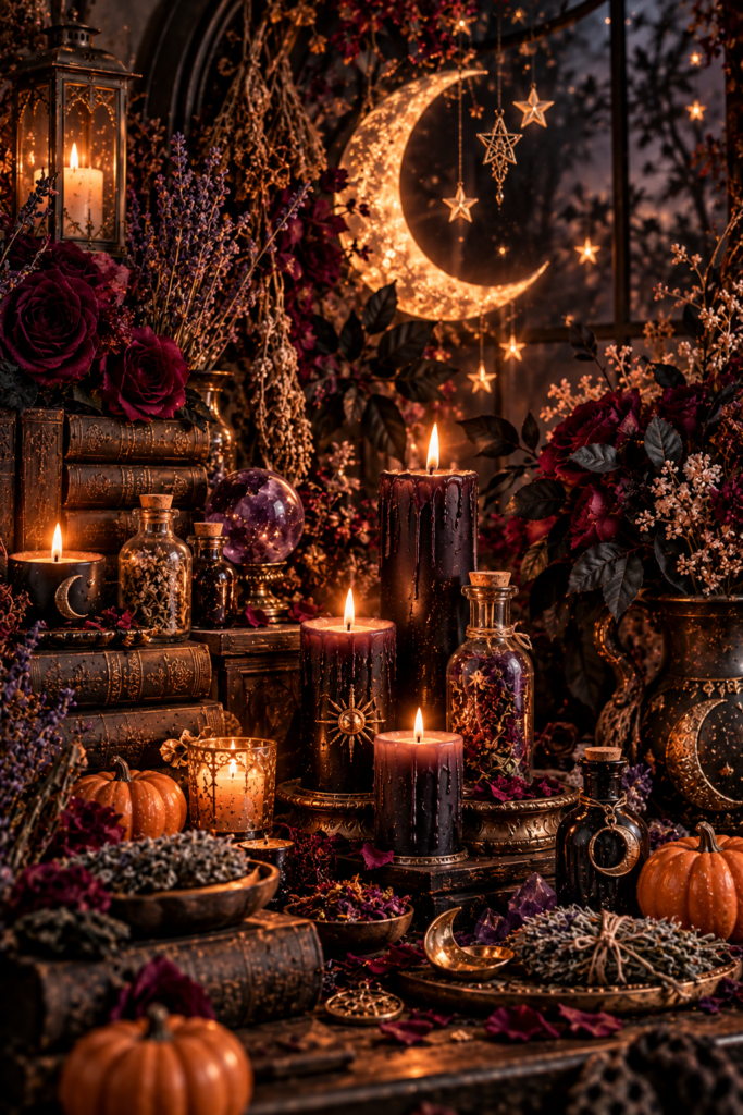 A moody Halloween arrangement featuring lit candles, small pumpkins, dried lavender, dark roses, and vintage books under warm light.