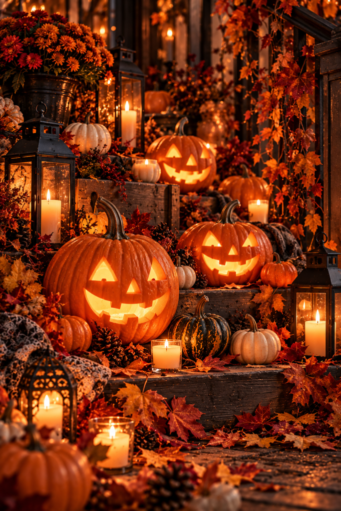 Carved pumpkins glowing with candlelight sit on wooden steps surrounded by autumn leaves, mums, and lanterns.
