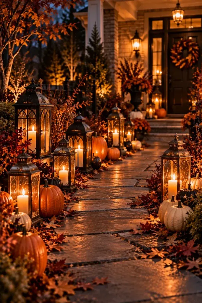 A stone walkway lined with lit lanterns, small pumpkins, and scattered autumn leaves leading toward a house entrance.