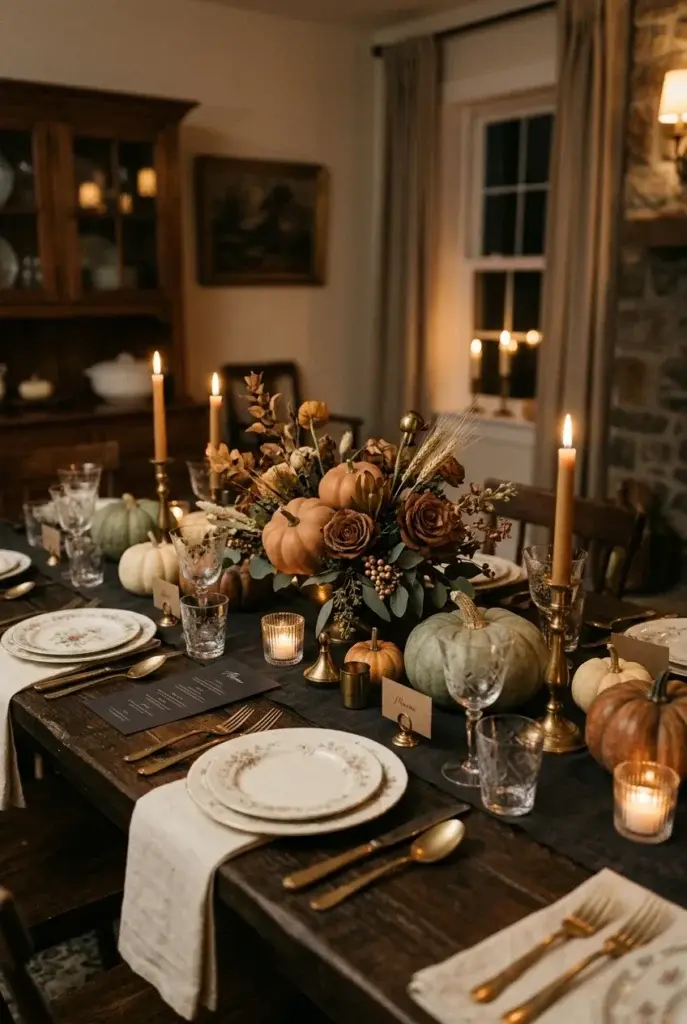 A rustic wooden dining table set with floral patterned plates, gold cutlery, and small pumpkins. Tall candles and a dried flower centerpiece create a warm, vintage Halloween atmosphere.