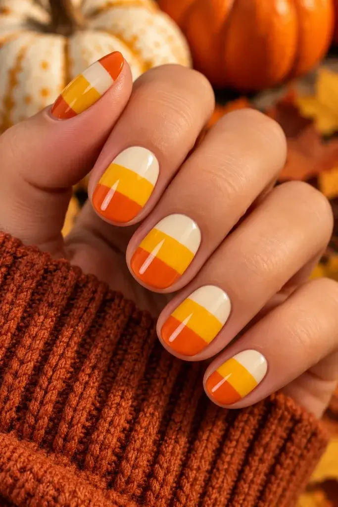 A hand with short, square-shaped nails painted in a candy corn pattern of white, yellow, and orange stripes, set against a background of pumpkins and an orange knit sleeve.